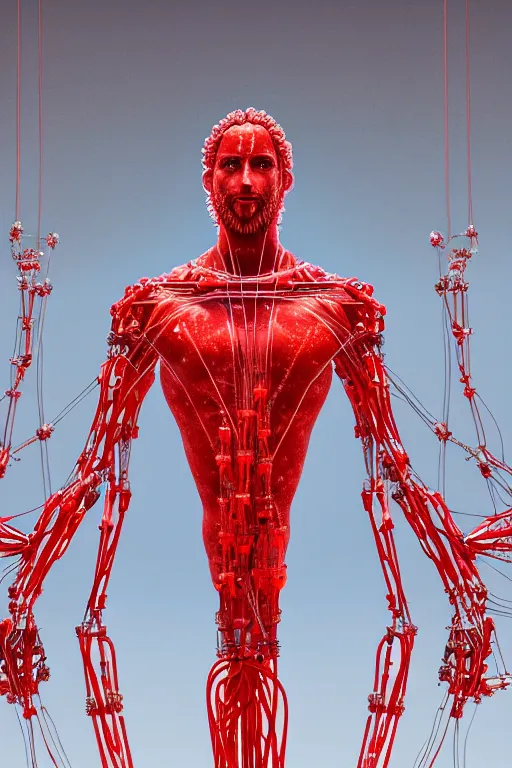 Prompt: a statue jesus on cross made of red marble with wires, tubes, veins, flowers, birds, perfect symmetrical body, full body shot, inflateble shapes, white biomechanicaldetails, wearing epic bionic cyborg implants, masterpiece, intricate, biopunk, vogue, highly detailed, artstation, concept art, cyberpunk, octane render