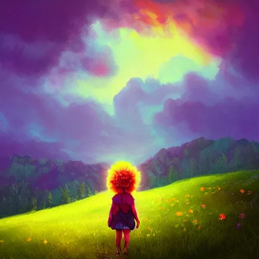 Image similar to giant carnation flower as a head, girl hiking in the mountains, surreal photography, sunrise, dramatic light, impressionist painting, colorful clouds, digital painting, artstation, simon stalenhag