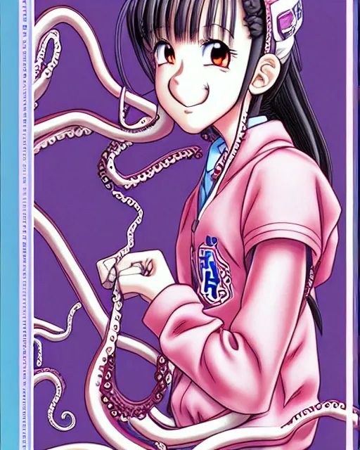 Image similar to a pretty teenage girl as a cute prep highschool student is thrilled to be enveloped clawed tentacles. 3D shadowing effect, ultra ornate detail. masterfully illustrated by Akira Toriyama and Mina Petrovic and Range Murata.