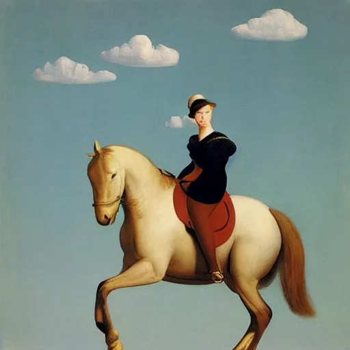 Prompt: a pure lady riding her horse, hot-air-balloon in the background, by Raphael, Hopper, and Rene Magritte. detailed, romantic, enchanting, trending on artstation.