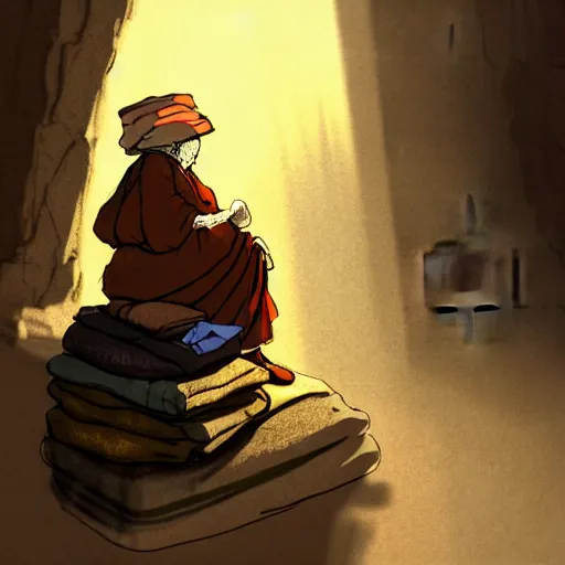 Image similar to concept art, an old woman merchant sitting against a stone wall wearing a backpack piled high with textiles, earth tones, dust particles in the air, early morning golden light, in the style of yoshitaka amano W 704