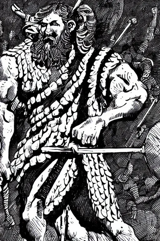 Image similar to ancient historically accurate depiction of the Bible Character Goliath of Gath, the Philistine warrior giant by mcbess