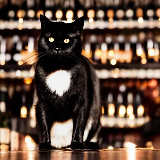 Prompt: a photo of a black cat drinking expensive champagne in a fancy dark bar, mood lighting, underexposed, f 1. 8, iso 1 6 0 0