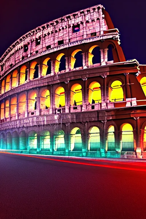 Image similar to neon streets of rome with colosseum in background, 4 k, award winning photo, cyberpunk style