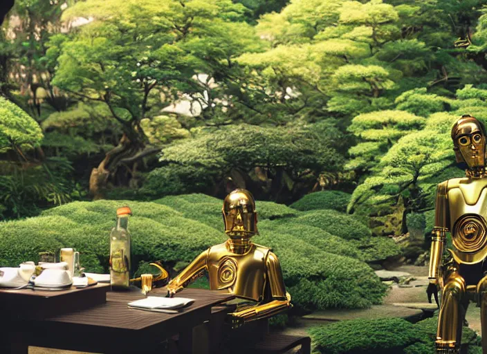 Prompt: C-3PO sitting at a bistro table in a lush japanese garden, still from star wars, shot on film, medium shot, depth of field, nature show, incredible detail, dramatic lighting