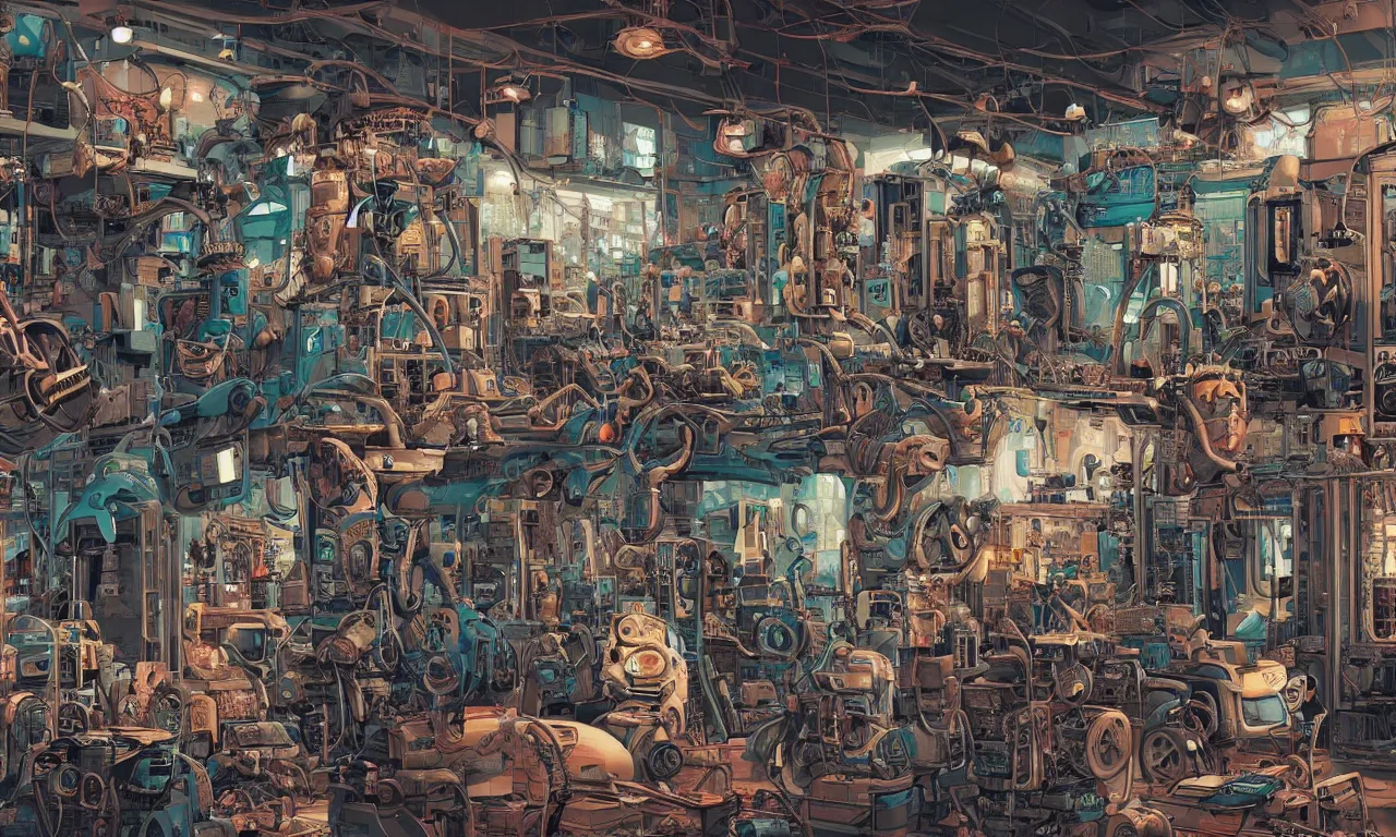 Image similar to an extremely cluttered machine repair shop in 2067, art by Josan Gonzales and Dan Hillier, extremely detailed, fine detail, 8K