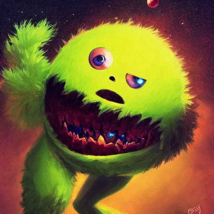 Image similar to cinematic portrait of a cute tennis ball monster in the abyss of space, chalk, masterpiece, trending on artstation, featured on pixiv, cinematic composition, dramatic pose, beautiful lighting, sharp details, hyper-detailed, HD, HDR, 4K, 8K, art by Basil Gogos