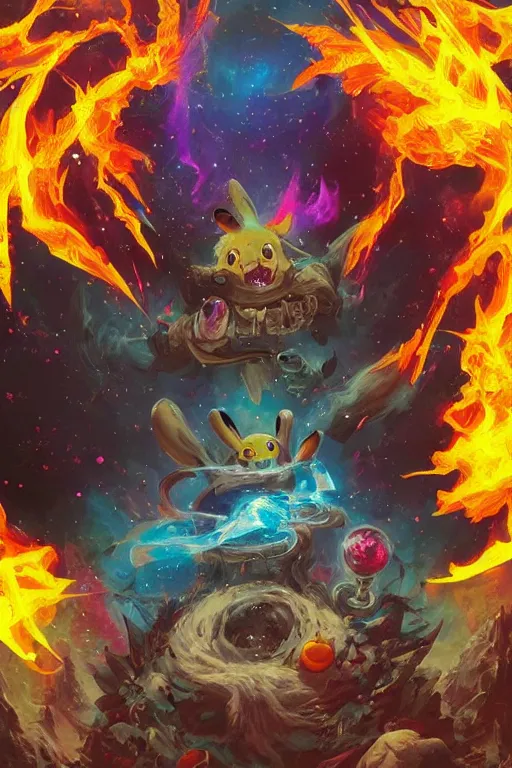 Prompt: the look of pikachu, necromancer witch - doctor covered with ice exploding into fire, electricity highly detailed, high contrast, light reflection, trippy, nebula, trending on artstation by artgem, by peter mohrbacher, by wlop, by ruan jia