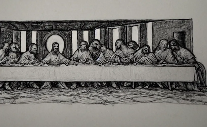 Image similar to last supper, drawn by a 5 year old detailed, sketh