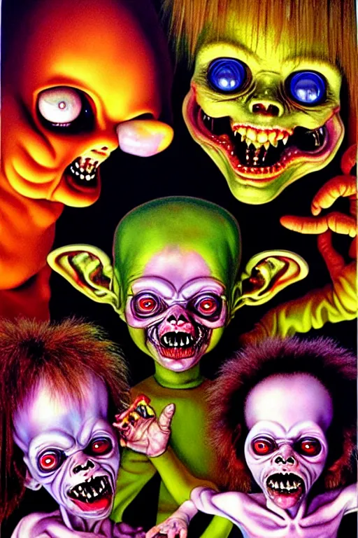 Prompt: a hyperrealistic painting of the garbage pale kids, cinematic horror by chris cunningham, lisa frank, richard corben, highly detailed, vivid color,