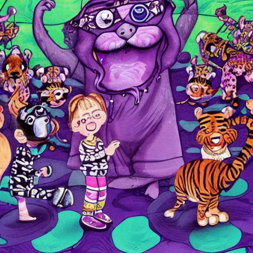 Prompt: an old 6-eyed child in pajamas runs through purple water from a dog with a tiger head, surrounded by people with claws in masquerade masks