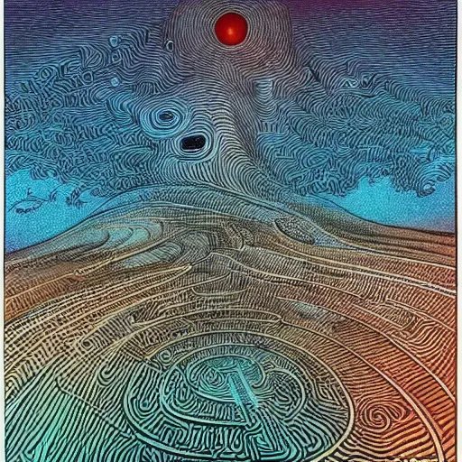 Image similar to the world is labyrinthine beyond possibility of imagining, inhabited on many levels by alien intelligence, infinite in extent, staggering in its beauty, terrifying in its weirdness, endlessly satisfying and peculiar, by jean giraud