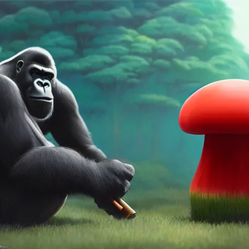 Image similar to a wholesome animation key shot of a gorilla holding a very small red mushroom, chilled out smirk on face, listening to music, jeep in background, studio ghibli, pixar and disney animation, sharp, rendered in unreal engine 5, anime key art by greg rutkowski, bloom, dramatic lighting