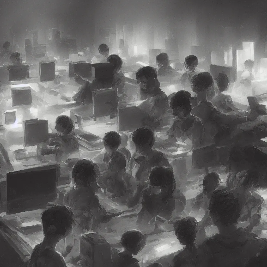 Image similar to computer club, dark image, highly detailed, digital painting, trending in artstation, concept art, smooth, sharp focus, art by max liebermann