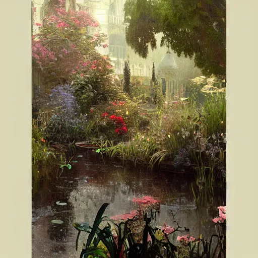 Image similar to a beautifull intricate garden, reflexions, raindrops, high details by william turner art, greg rutkowski and alphonse mucha, trending on artstation, very very detailed, masterpiece,