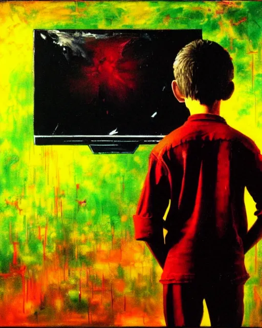 Prompt: an 8 years old enlightened and scared boy standing in front of an old computer with a game doom2 at the monitor screen painted by Adrian Ghenie, by Gerhard Richter. still from a 2021 movie by James Cameron. expressive acrylic oil flowing smudged painting