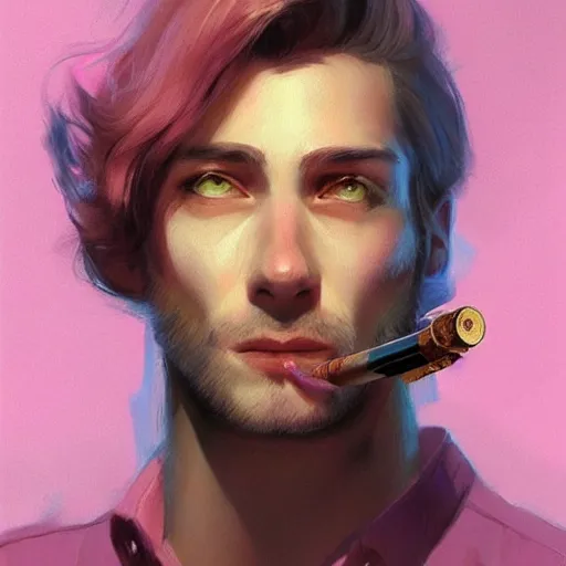 Image similar to portrait of wolf wearing pink shirt, smoking cigarette, digital painting, artstation, concept art, smooth, sharp focus, illustration, art by artgerm, james jean, jean giraud, edward hopper, gaston bussiere and greg rutkowski