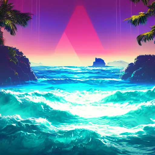 Image similar to a ancient pathway over the sea, vaporwave, retrowave epic art, trending on art station