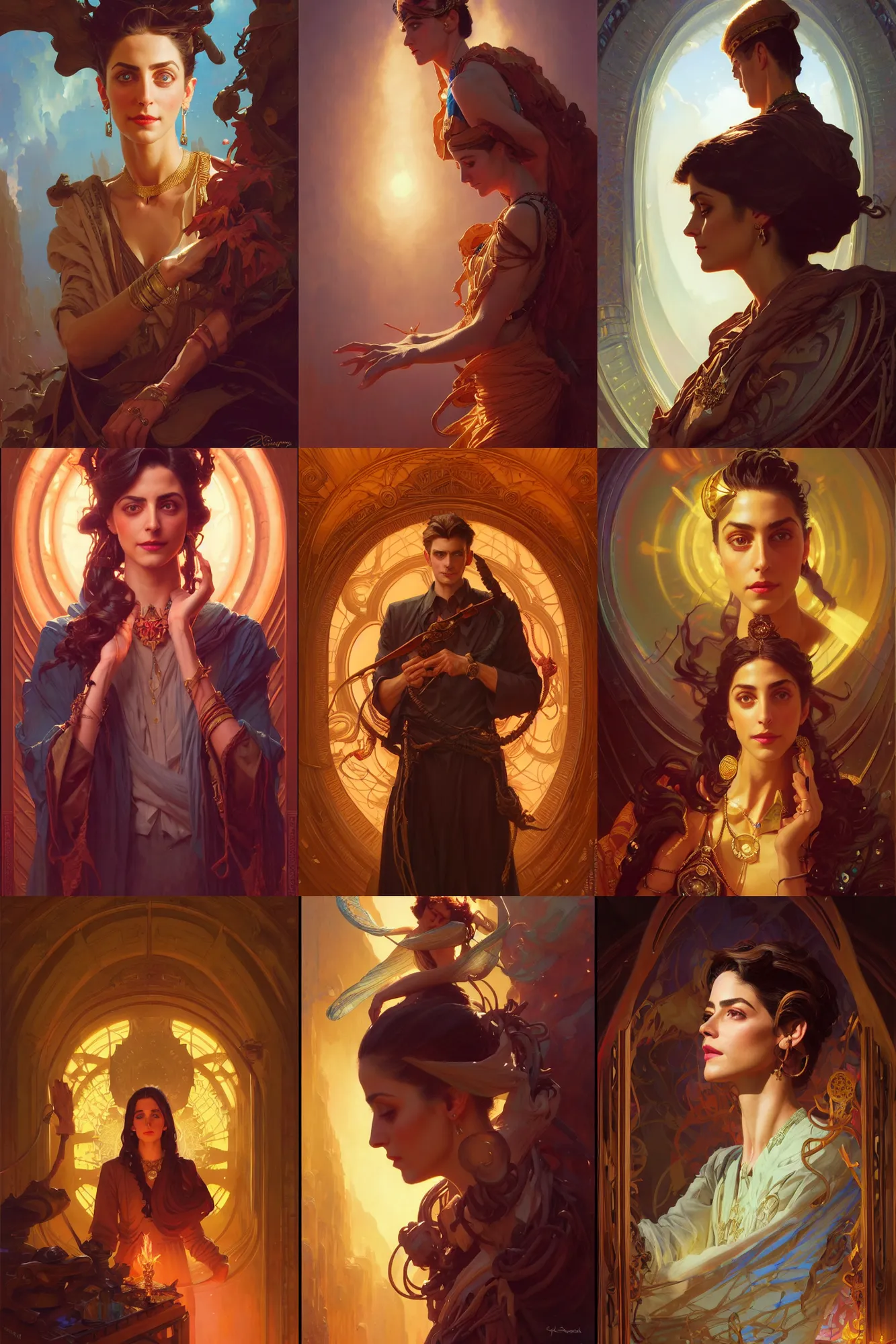 Prompt: sargent and leyendecker and greg hildebrandt highly detailed portrait of maya ali sorcerer, stephen bliss, unreal engine, by greg rutkowski, loish, ferdinand knab, kuvshinov, rossdraws, tom bagshaw, alphonse mucha, global illumination, radiant light, abstract rippling background, gaudy colors