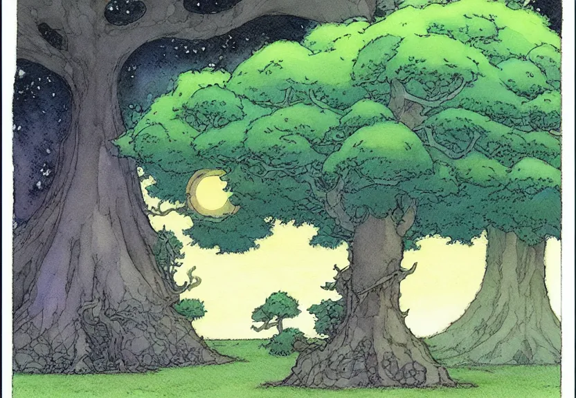 Image similar to a simple watercolor fantasy concept art of a dark grey cube next to a tree at night. by studio ghibli, rebecca guay, michael kaluta, charles vess