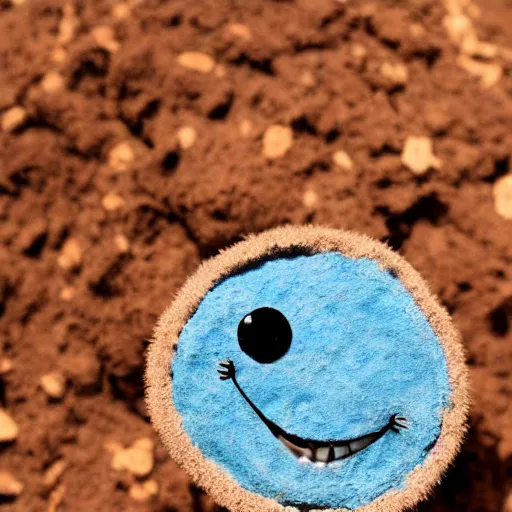 Image similar to photo of a small round creature made of dirt with round blue eyes and a round clown nose and a cute smile