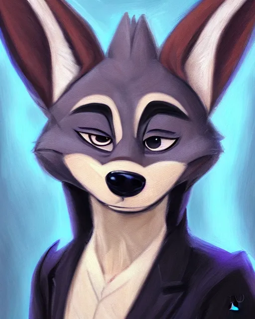 Image similar to oil painting of anthromorphic female wolf, in style of zootopia, zootopia, zootopia, fursona, furry, furaffinity, 4 k, deviantart, furry art, fursona art, wearing black business suit, business suit, in style of zootopia, wolf fursona, cyberpunk, female, expressive detailed feminine face,