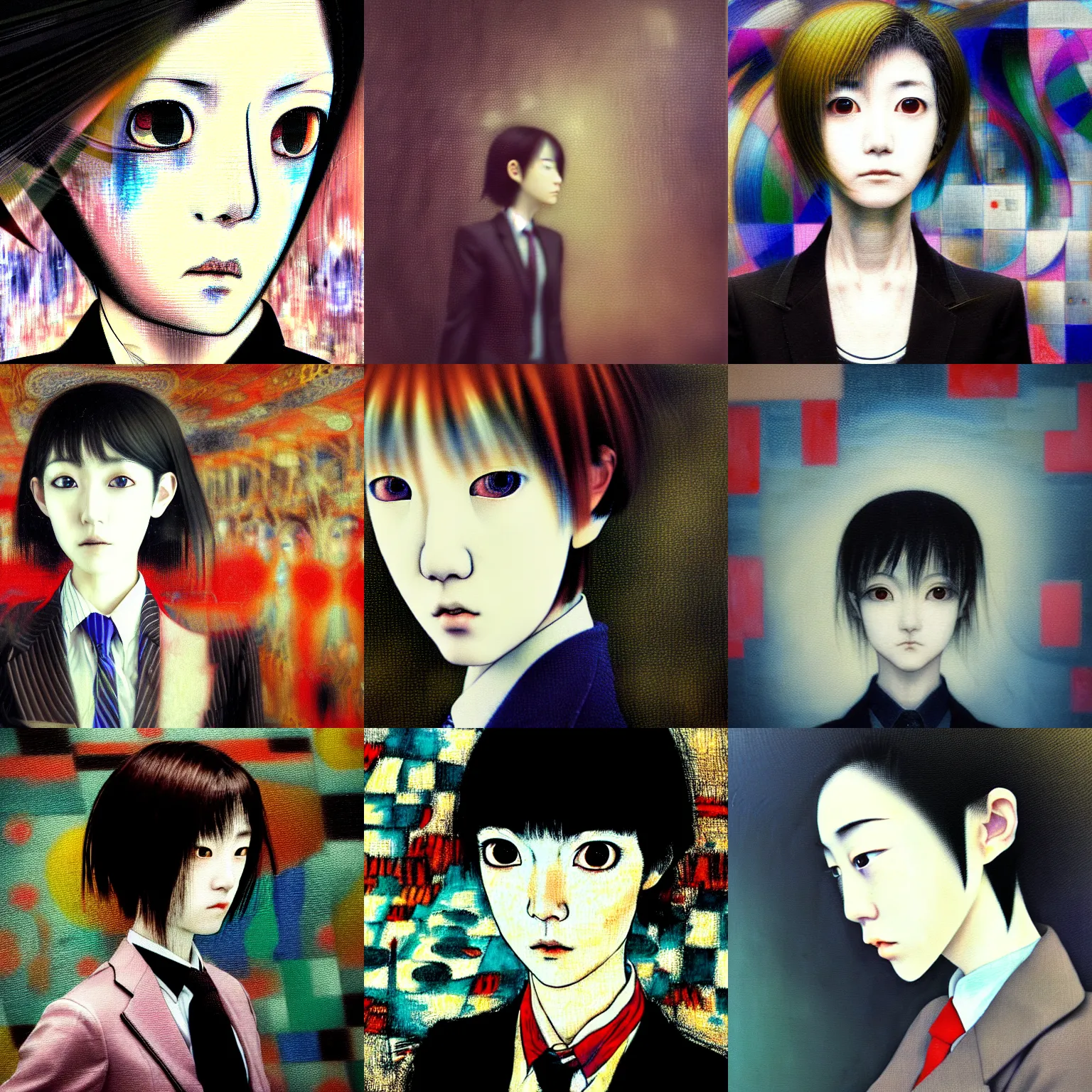 Image similar to yoshitaka amano blurred and dreamy realistic three quarter angle portrait of a young woman with short hair and black eyes wearing office suit with tie, junji ito abstract patterns in the background, satoshi kon anime, noisy film grain effect, highly detailed, renaissance oil painting, weird portrait angle, blurred lost edges