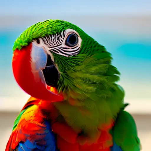 Prompt: A parrot carrying a septor over the ocean, frontal view, bokeh, sunny day, closeup