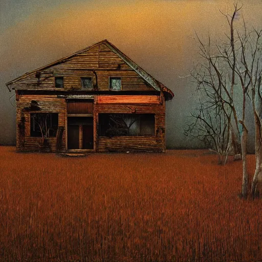 Prompt: an abandoned old rusty American house on a field oil painting in style of Zdislaw Beksinski