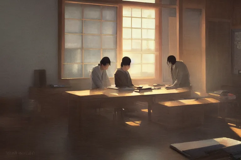 Prompt: japanese samurai working in a modern day office, late afternoon by tsviatko kinchev, makoto shinkai, linda wilder, cedric peyravernay, oil painting, ultra detailed