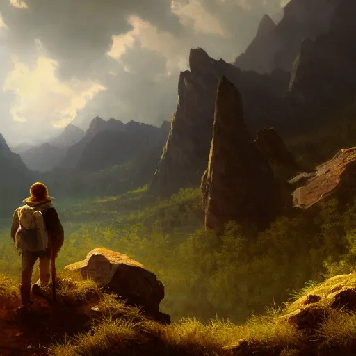 Image similar to a traveler wandering through the mountains looking at the clouds, very detailed, focused, oil painting, cinematic lighting, Albert Bierstadt, trending on Artstation