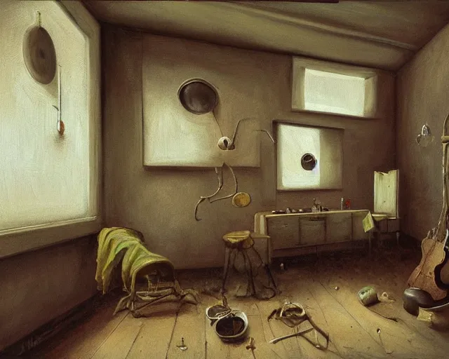 Image similar to a painting of a confusing minimalistic room with a few unusual artifacts, an airbrush painting by breyten breytenbach, cgsociety!, neo - primitivism