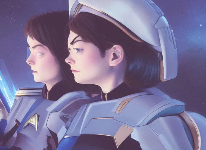 Image similar to a disney film still of emma stone as a star trek officer, finely detailed features, closeup of the face, perfect art, dusk, blue hour, gapmoe yandere grimdark, trending on pixiv fanbox, painted by greg rutkowski, makoto shinkai, takashi takeuchi, alphonse mucha, akihiko yoshida