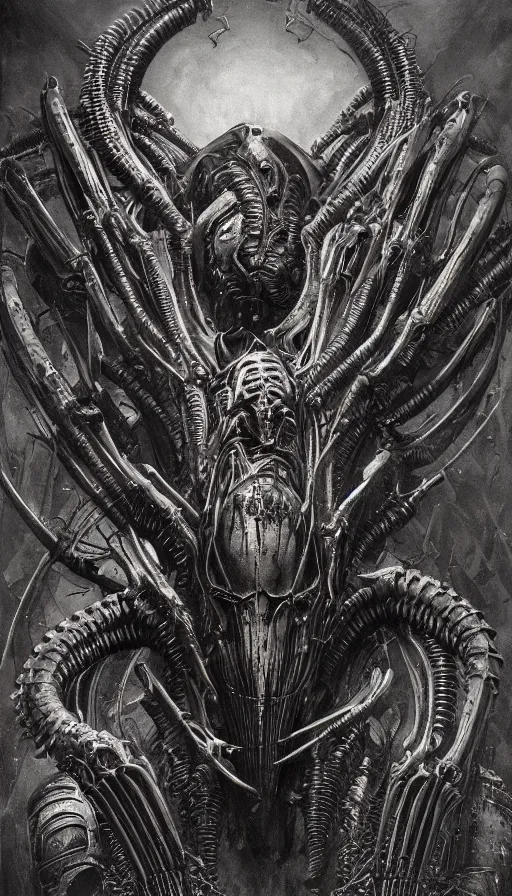 Prompt: Xenomorph themed painting of symmetrical torso black and grey inferno armor with extended evil armored hands concept, intricate artwork by H.R. Giger, Johnatan Wayshak, Zdizslaw Beksinski, Ayami Kojima, Amano, Karol Bak, Moebius, and Mark Brooks, Neo-Gothic, gothic, rich deep colors, art by Takato Yamamoto, masterpiece, face by Artgerm, very coherent artwork, cinematic, hyper realism, high detail, octane render, unreal engine, 8k, High contrast, golden ratio, trending on cgsociety