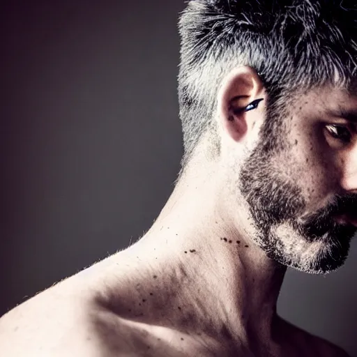 Image similar to bust portrait of handsome proud man with short black hair with some grey hair, very short full beard warrior, cyberpunk, fashion editorial photography, neon color scheme, waist up, low angle