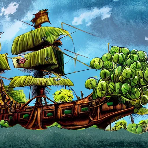 Image similar to pirate ship that has a large green fruit tree in the middle of it, surrounded by water, bold complementary colours, 2 d matte, comic book art,