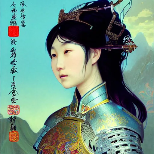 Image similar to beautiful and divine and holy and elite and colorlpunk young three kingdom chinese female armor knight portrait +shinnyy eyes+front face with light flowing hair, ultradetail face, art and illustration by tian zi and craig mullins and WLOP and alphonse mucha, fantasy, intricate complexity, human structure, human anatomy, fantasy character concept, watermark, blurry, hyperrealism 8k