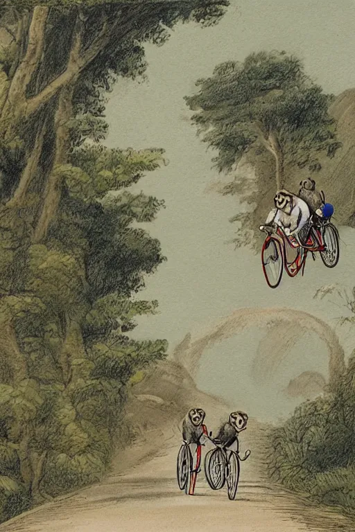 Image similar to two monkeys riding a tandem bicycle down a winding road, drawn by Nicholas John Frith