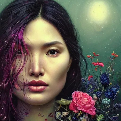 Image similar to portrait of gemma chan, hyper detailed masterpiece, neon floral pattern, jean giraud, digital art painting, darkwave goth aesthetic, psychedelic, artgerm, donato giancola and tom bagshaw