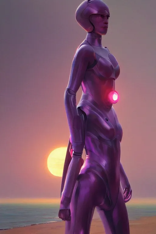 Prompt: matt damon robotic clothes in the beach purple sun, pink lighting ultra realistic photorealistic highly detailed high quality, a stunningly, digital painting, artstation, concept art, smooth, sharp focus, illustration, art by artgerm and greg rutkowski and alphonse mucha 8 k