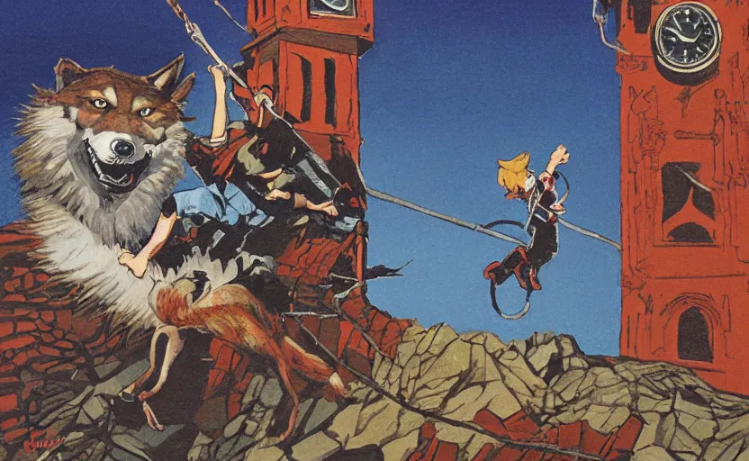 Image similar to a boy fighting a wolf on the edge of a clocktower, by peter chan gouache, print