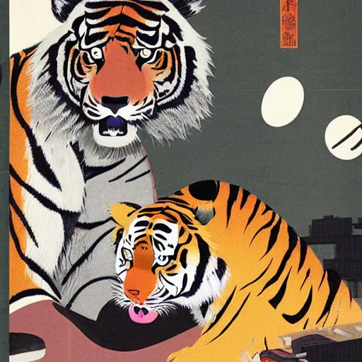 Image similar to a delorean protecting a tiger, japanese magazine collage, art by hsiao - ron cheng and utagawa kunisada