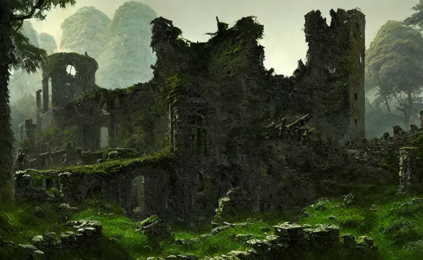 Image similar to ruins of an old castle covered by plant and moss by greg ruthkowski and craig mullins and caspar david friedrich