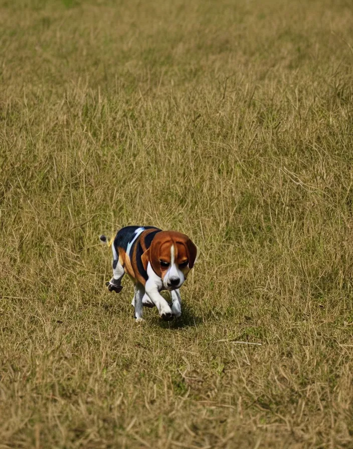 Image similar to a beagle running in a field, 8k, depth of field.