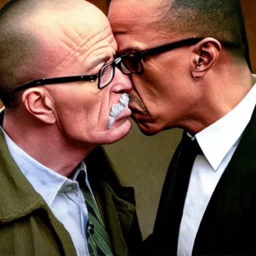 Prompt: Walter White and Gustavo Fring kissing