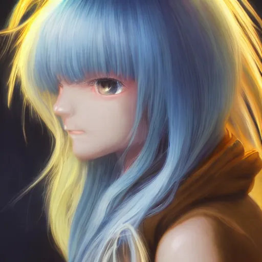 Image similar to profile shot of rimuru tempest, sky blue, straight hair, long bangs, | amber colored eyes | wearing a black jacket with white stripes, high collar, highly detailed, unreal engine 5, digital painting, cinematic, wlop | artgerm, pixiv, yoshitaka amano, greg rutkowski, ilya kuvshinov, andy warhol