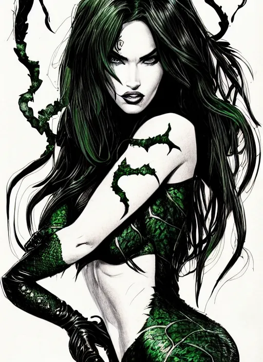 Image similar to concpet art, full shot, traditional ink, sketch, of megan fox as poison ivy, line sketch, intricate, elegant, highly detailed, monochrome, digital painting, artstation, concept art, green, black, red ink sharp focus, illustration, art by borderlands 3 and peter polach