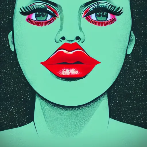 Prompt: illustration of juicy red lips with colorful vivid neon stripes, on the black background,