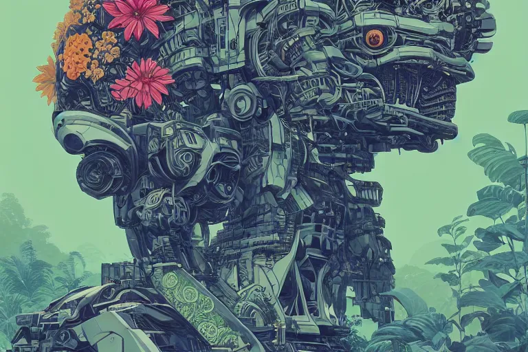 Image similar to gigantic mecha head with lot of details, a lot of exotic vegetation, trees, flowers by moebius, dull colors, junji ito, tristan eaton, victo ngai, artgerm, rhads, ross draws, hyperrealism, intricate detailed, risograph