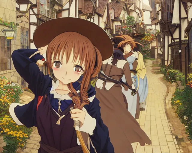 Prompt: kyoani, murata range, key anime visual portrait of a young female witch walking through a busy medieval village, dynamic pose, dynamic perspective, cinematic, dramatic lighting, muted colors, detailed silhouette, textured, anime proportions, alphonse mucha, perfect anime, yoh yoshinari, takashi murakami